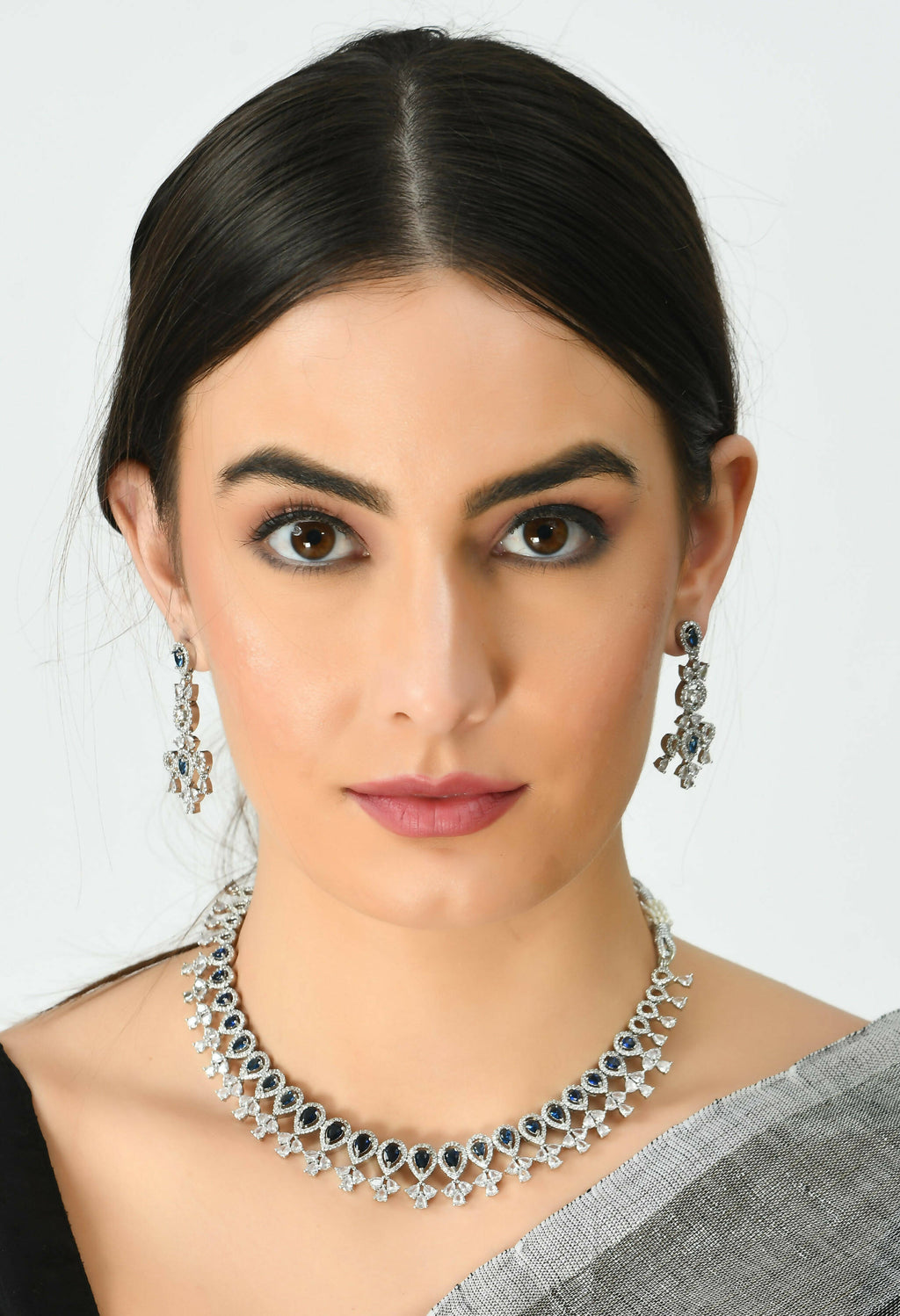 Silver-Plated American Diamond Blue Choker Necklace Set