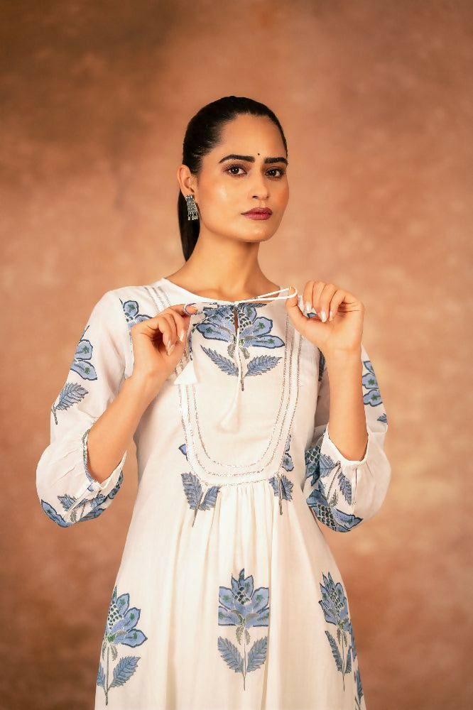 Blue Floral Hand Block Printed Cotton Kurta and Pant Set