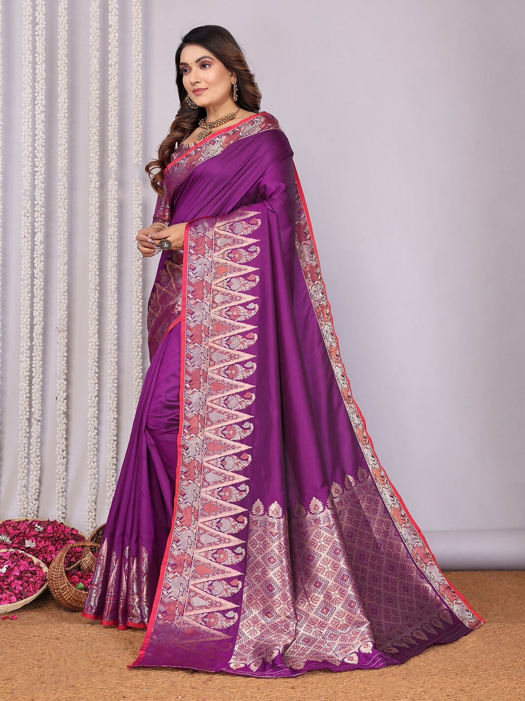 Purple Banarasi Jacquard Woven Soft Silk Saree