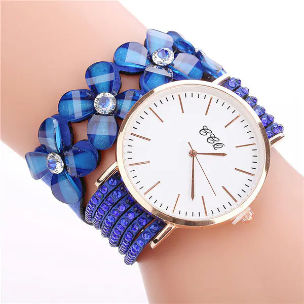 CCQ Women's Circle Bracelet Watch with Floral Crystals