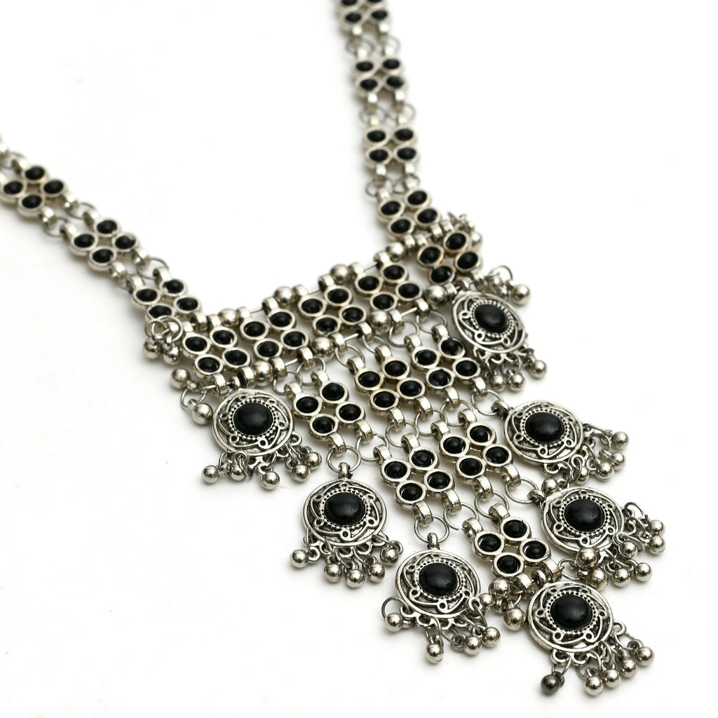 Black Kundan Afghani Long Necklace in Oxidised Silver Finish