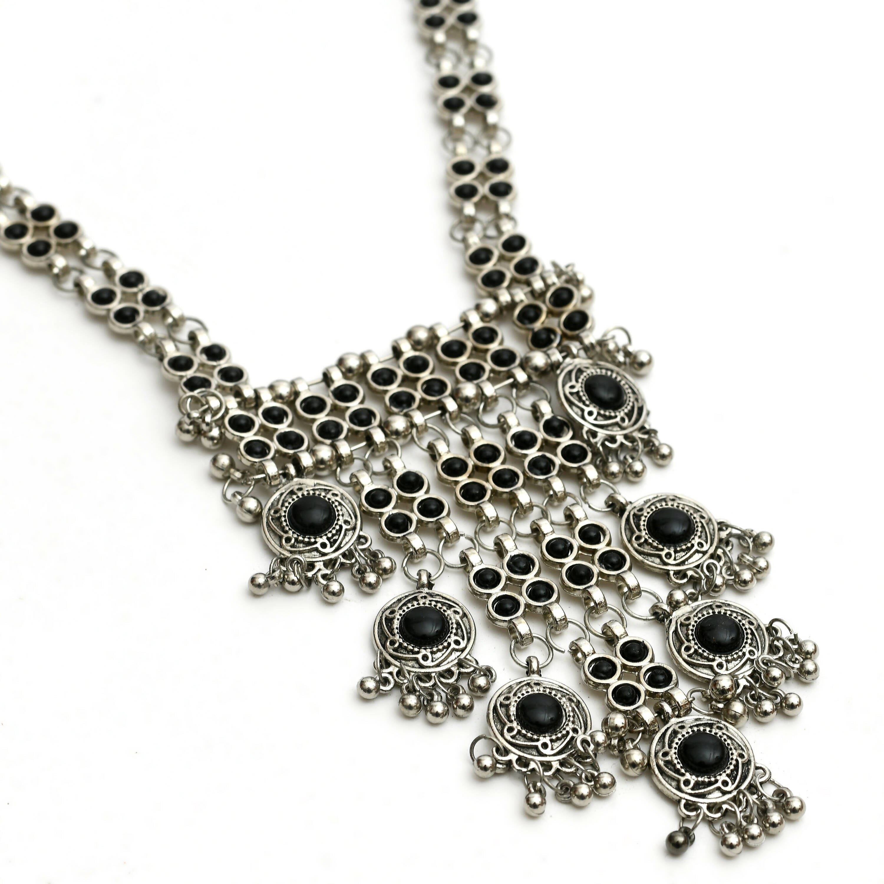 Black Kundan Afghani Long Necklace in Oxidised Silver Finish