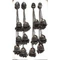 Triple tiered Kashmiri jhumka hanging earrings in oxidized silver finish