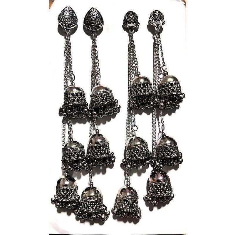 Triple tiered Kashmiri jhumka hanging earrings in oxidized silver finish