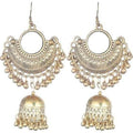 Gold-colored half moon style jhumka earrings with mirror embellishments
