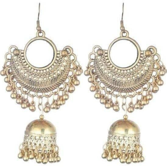 Gold-colored half moon style jhumka earrings with mirror embellishments