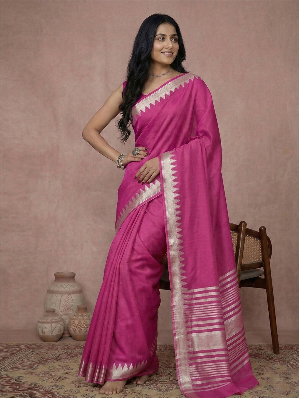 Wine Cotton Saree with Matching Blouse Piece