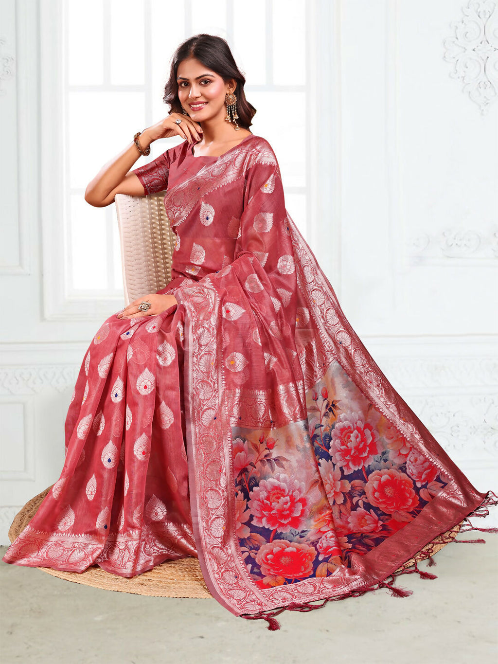 Linen Cotton Rust Saree with Matching Blouse Piece