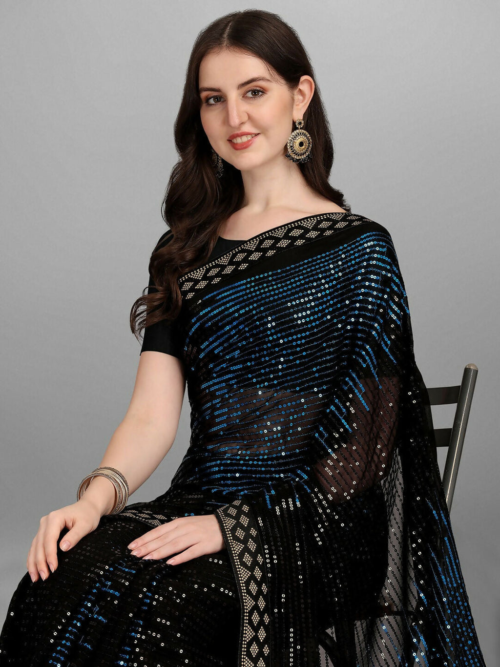 Vegaa Fashion Black Georgette Embroidered Party Wear Saree