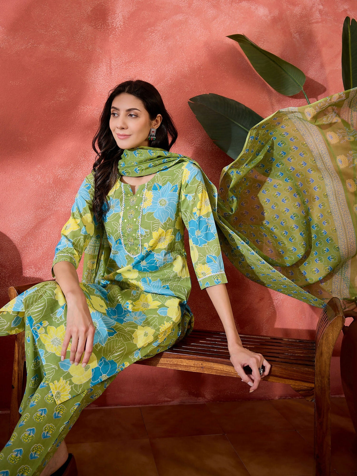 Printed Green Pure Cotton Kurta Set for Women