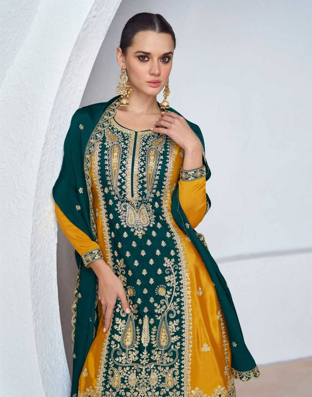Yellow and Rama Chinon Embroidered Sequin Salwar Kameez