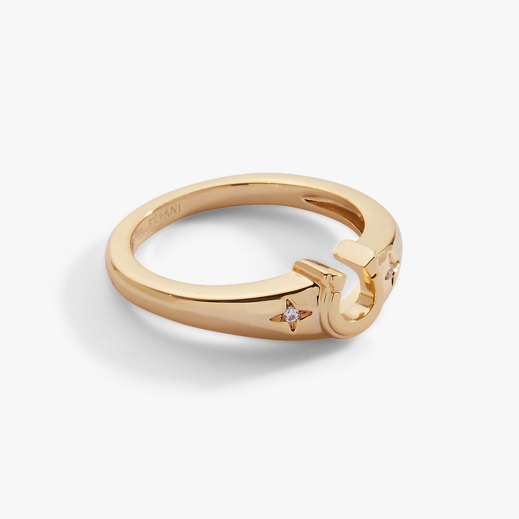 Gold-Plated Lucky Horseshoe Signet Ring with Crystal Accents