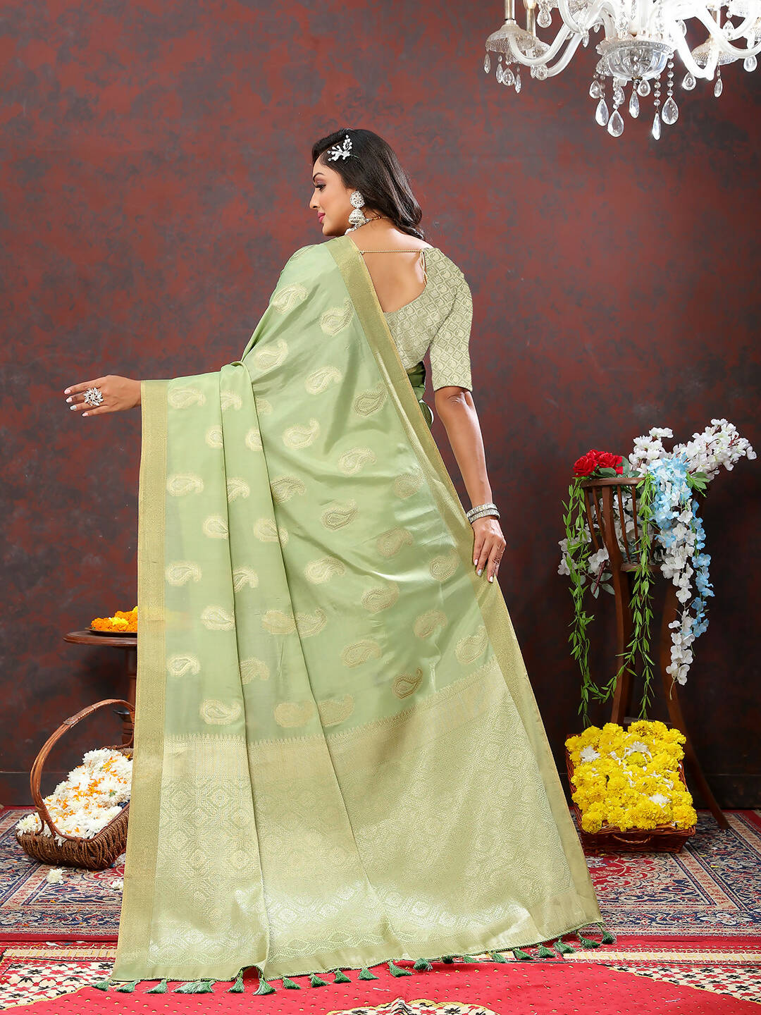 Seagreen Cotton Saree with Geometric Zari Weaving Design