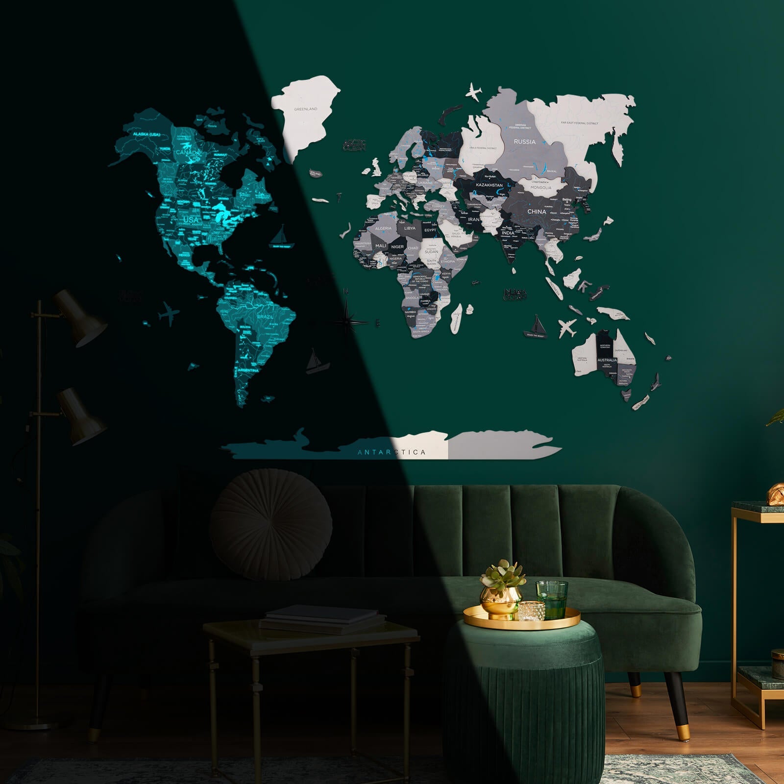 3D Luminous Wooden World Map Nordik - Glow-in-the-Dark