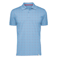 Men's Rice Owls polo shirt in light blue with navy, white, and red all-over collegiate pattern.