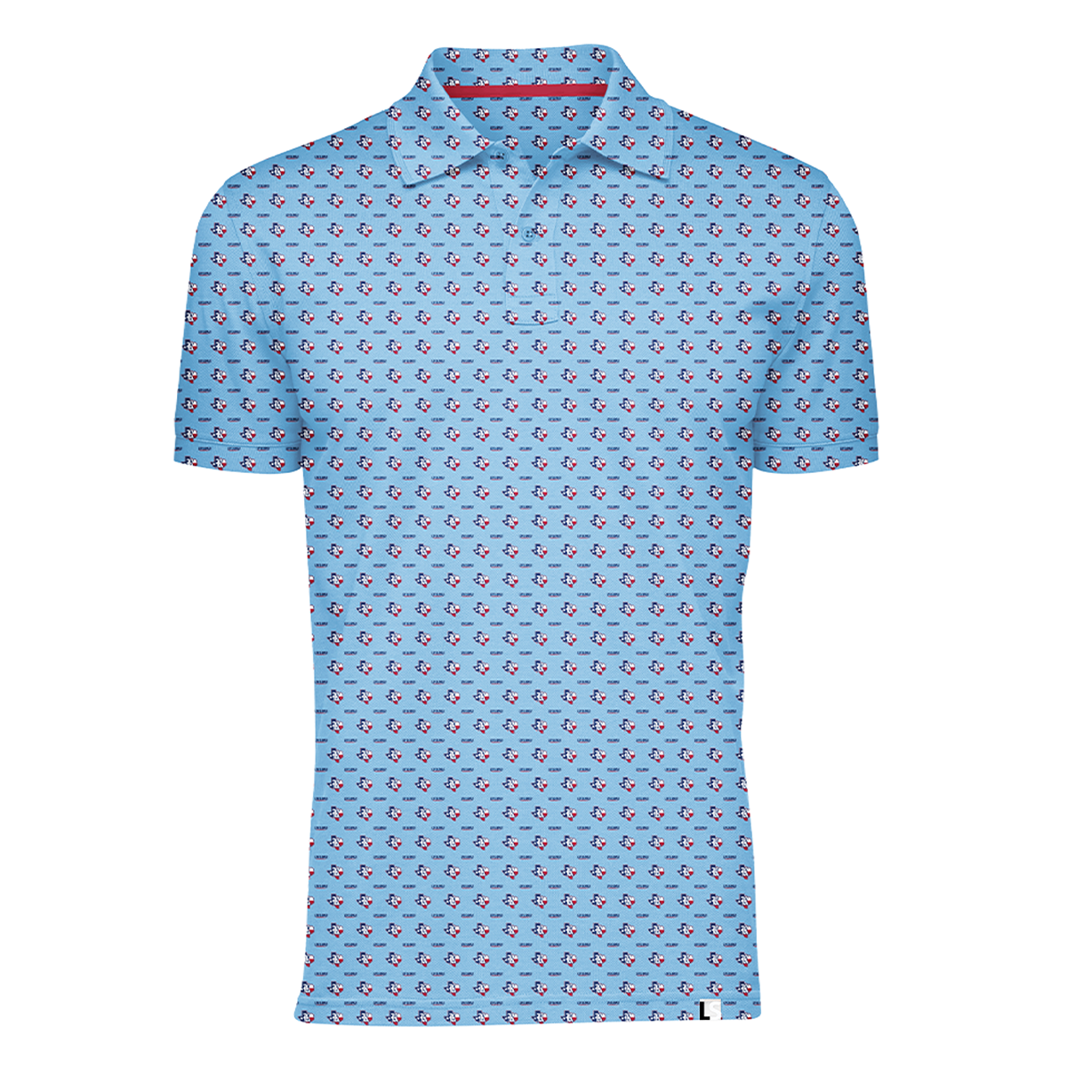 Men's Rice Owls polo shirt in light blue with navy, white, and red all-over collegiate pattern.