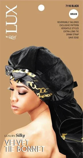 Lux by Qfitt luxury silky velvet tie bonnet in black and gold for braids