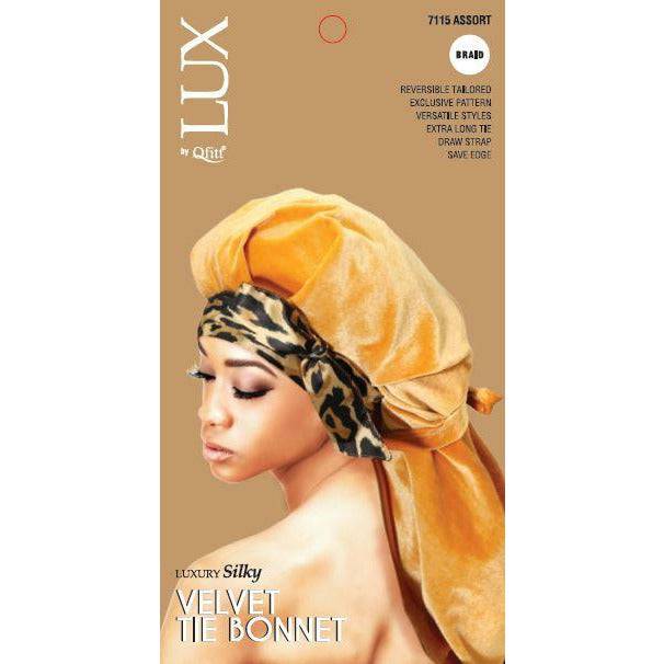Lux by Qfitt velvet tie bonnet for braids and locs featuring adjustable tie closure