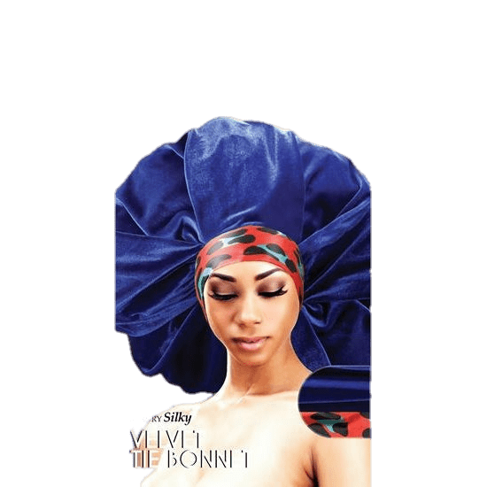 Jumbo royal blue and red velvet bonnet with leopard-print accent band and tie closure