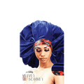Jumbo royal blue and red velvet bonnet with leopard-print accent band and tie closure