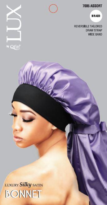 Lux by Qfitt silk satin bonnet for braids and hair protection.