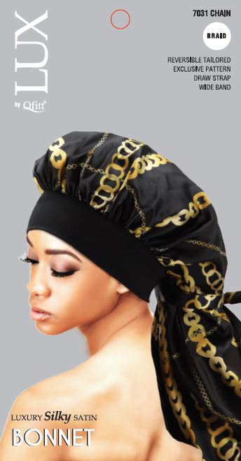 Lux reversible silky satin bonnet in black and gold pattern for long braids and hair protection