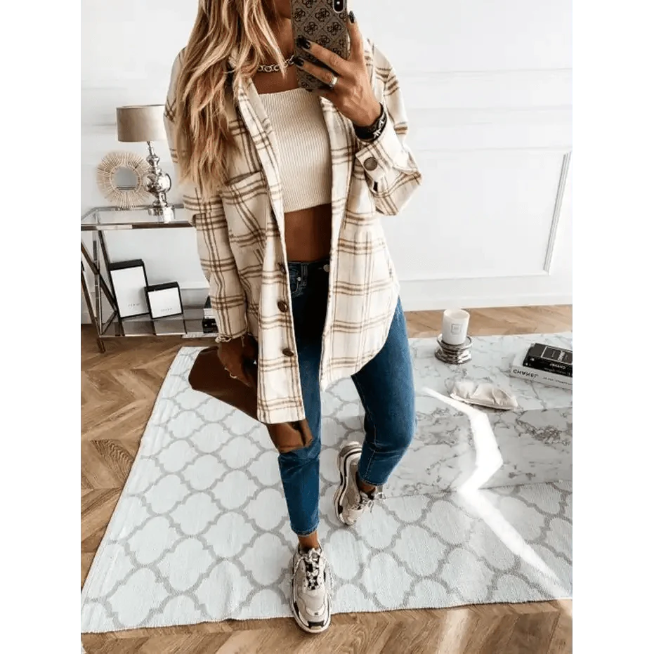 Women's Long Sleeve Plaid Shirt Coat Oversized Boyfriend Jacket