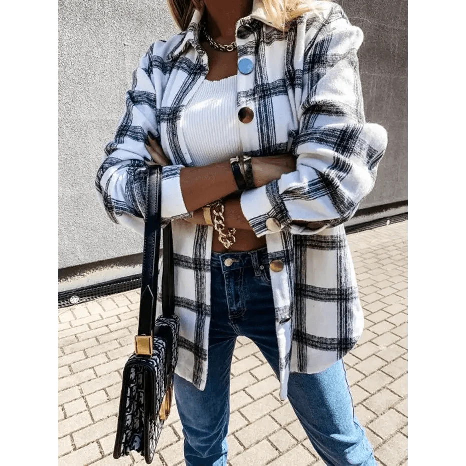 Women's Long Sleeve Plaid Shirt Coat Oversized Boyfriend Jacket