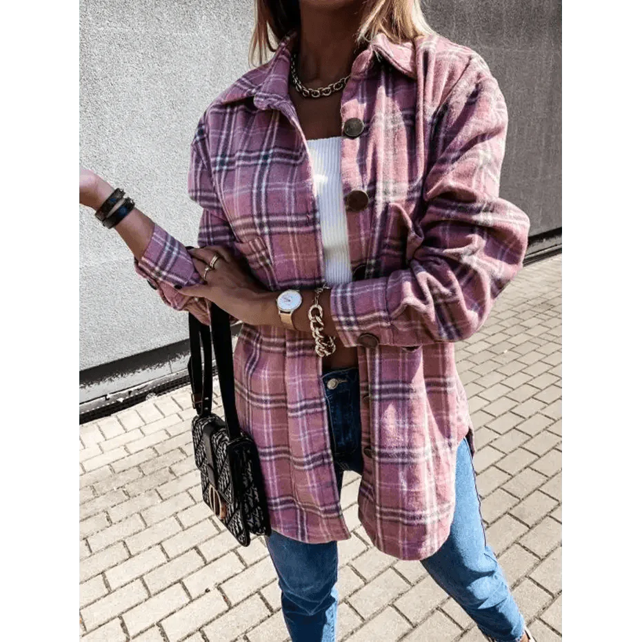 Women's Long Sleeve Plaid Shirt Coat Oversized Boyfriend Jacket