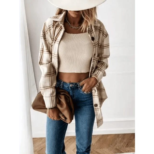 Women's Long Sleeve Plaid Shirt Coat Oversized Boyfriend Jacket