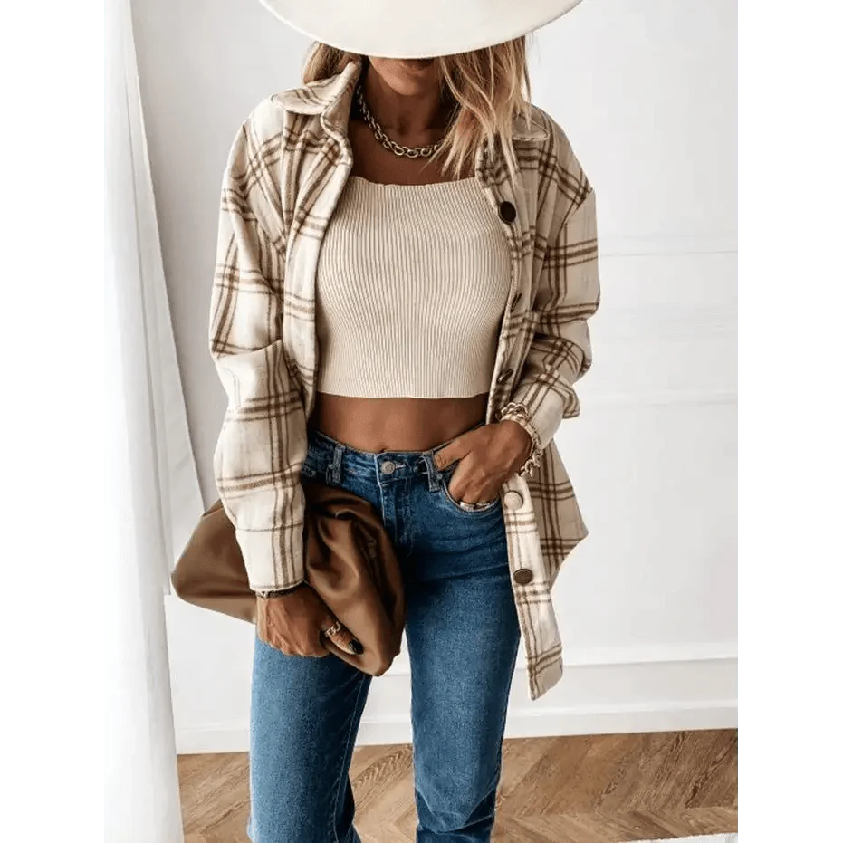 Women's Long Sleeve Plaid Shirt Coat Oversized Boyfriend Jacket