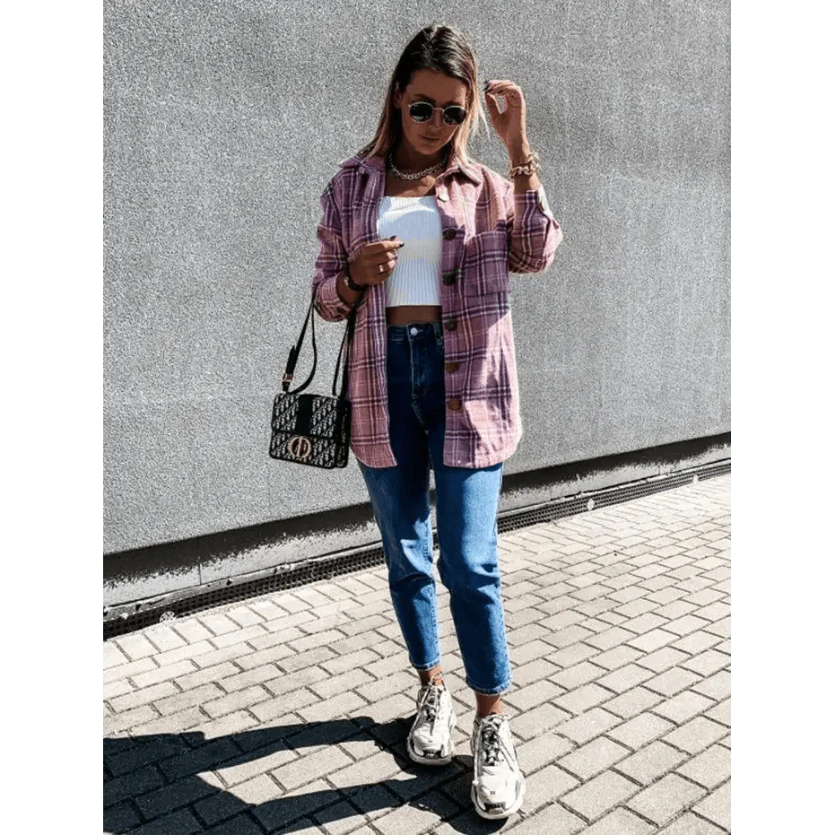 Women's Long Sleeve Plaid Shirt Coat Oversized Boyfriend Jacket