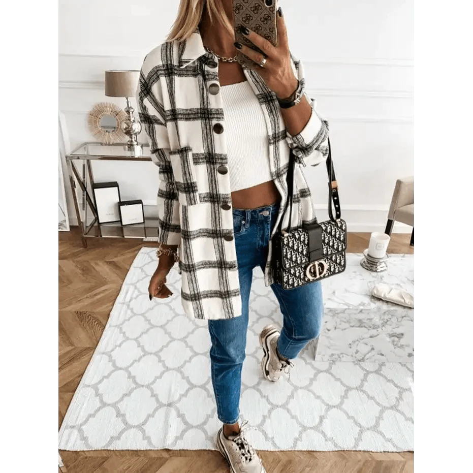 Women's Long Sleeve Plaid Shirt Coat Oversized Boyfriend Jacket