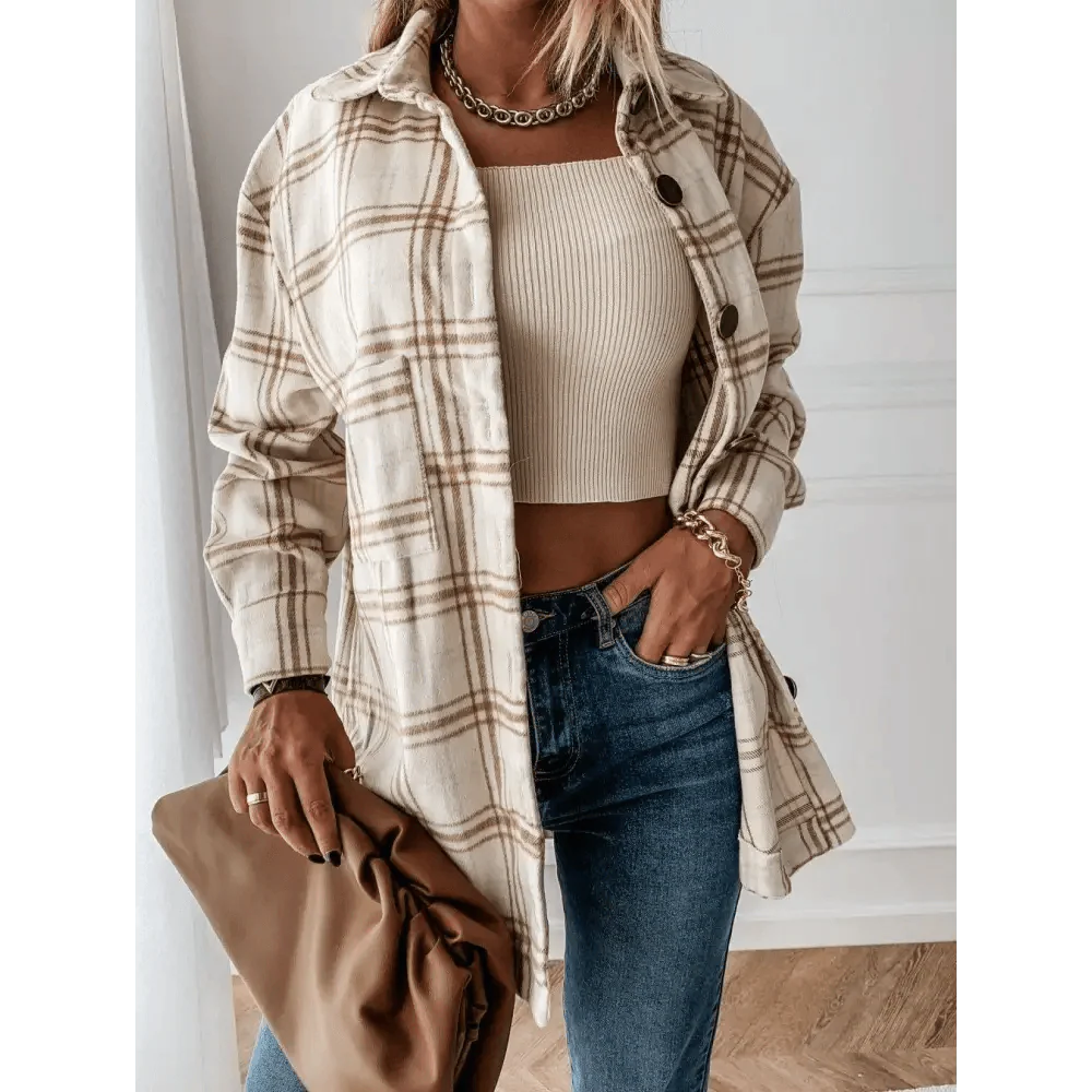 Women's Long Sleeve Plaid Shirt Coat Oversized Boyfriend Jacket