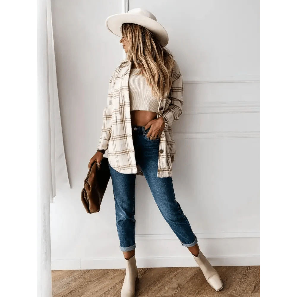 Women's Long Sleeve Plaid Shirt Coat Oversized Boyfriend Jacket