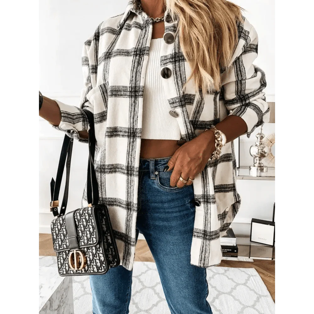 Women's Long Sleeve Plaid Shirt Coat Oversized Boyfriend Jacket