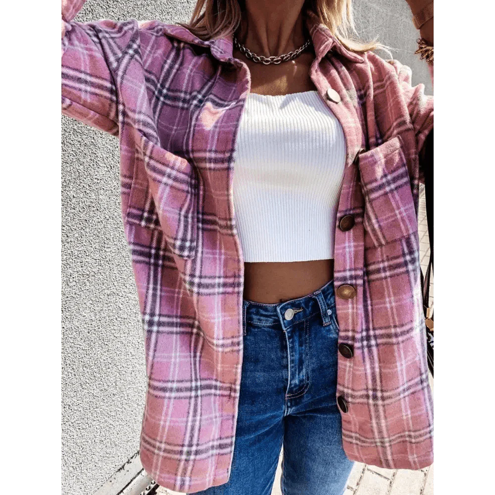 Women's Long Sleeve Plaid Shirt Coat Oversized Boyfriend Jacket