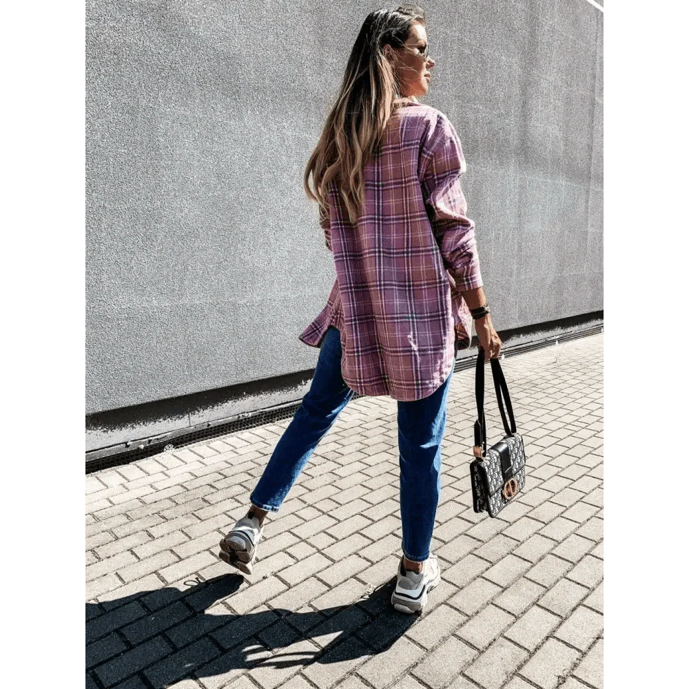Women's Long Sleeve Plaid Shirt Coat Oversized Boyfriend Jacket