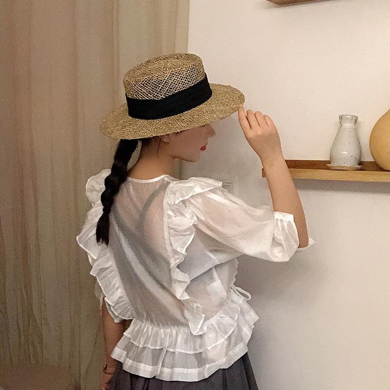 Handmade Straw Beach Hat - Luxury Sun Protection Flat Summer Cap
