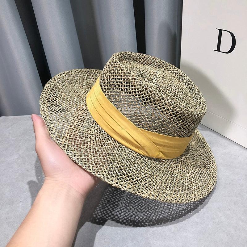 Handmade Straw Beach Hat - Luxury Sun Protection Flat Summer Cap