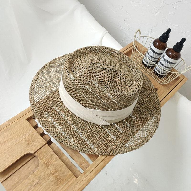 Handmade Straw Beach Hat - Luxury Sun Protection Flat Summer Cap