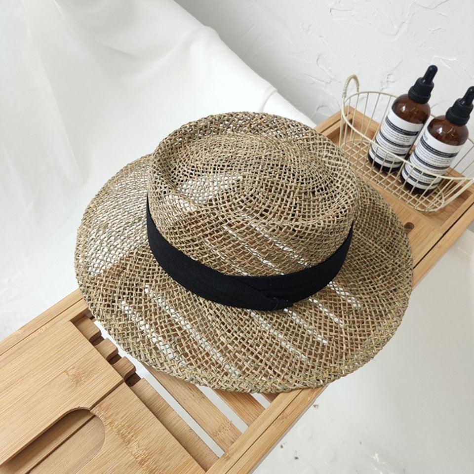 Handmade Straw Beach Hat - Luxury Sun Protection Flat Summer Cap