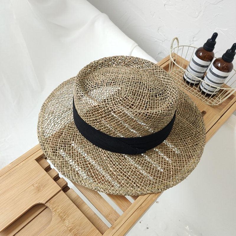 Handmade Straw Beach Hat - Luxury Sun Protection Flat Summer Cap