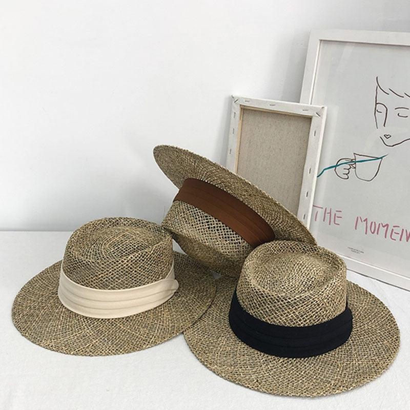 Handmade Straw Beach Hat - Luxury Sun Protection Flat Summer Cap