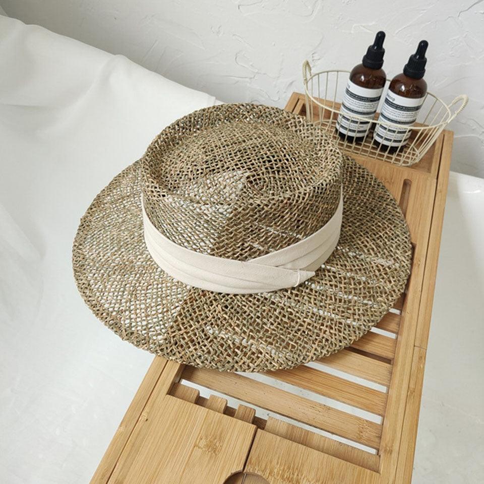 Handmade Straw Beach Hat - Luxury Sun Protection Flat Summer Cap