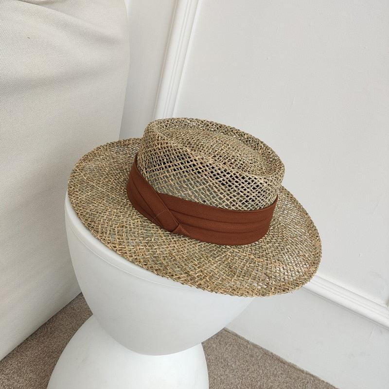 Handmade Straw Beach Hat - Luxury Sun Protection Flat Summer Cap