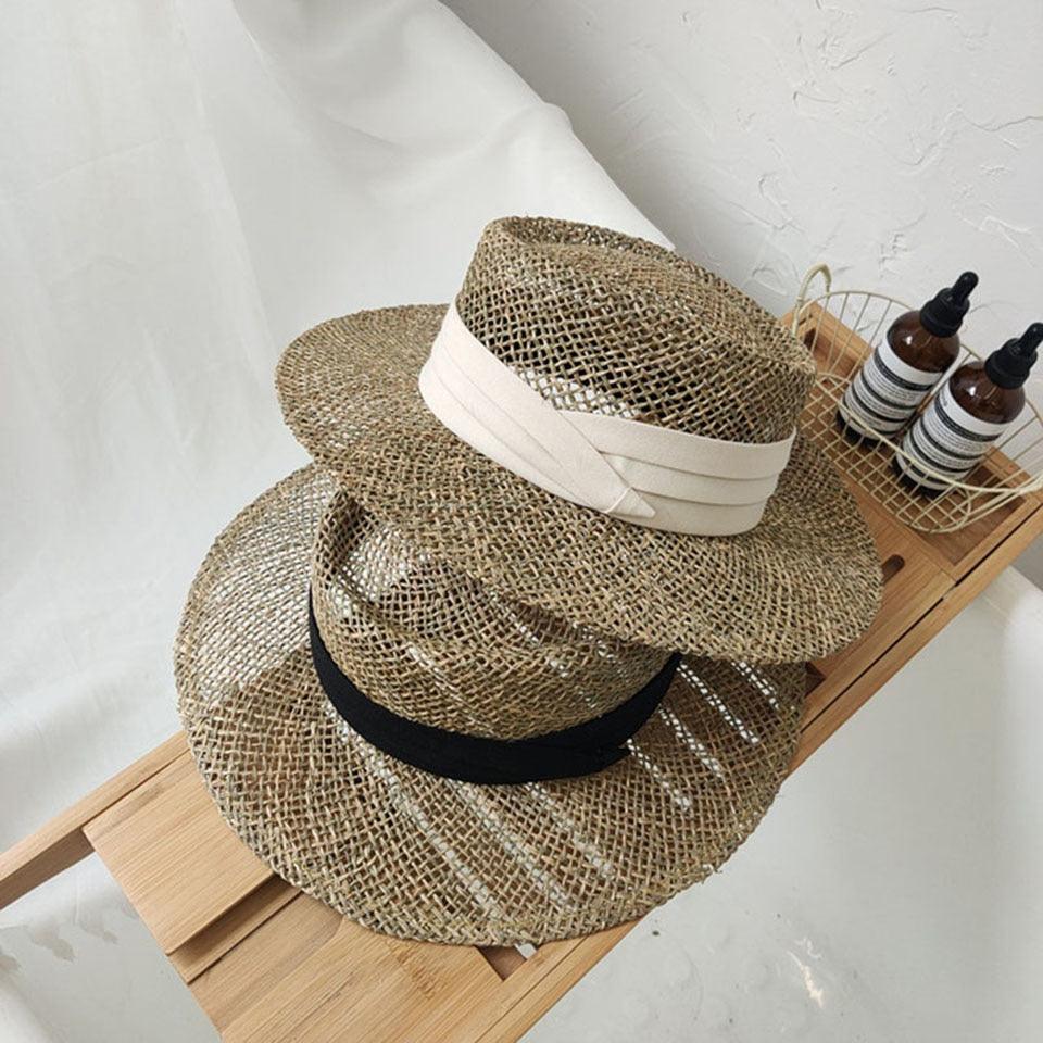 Handmade Straw Beach Hat - Luxury Sun Protection Flat Summer Cap
