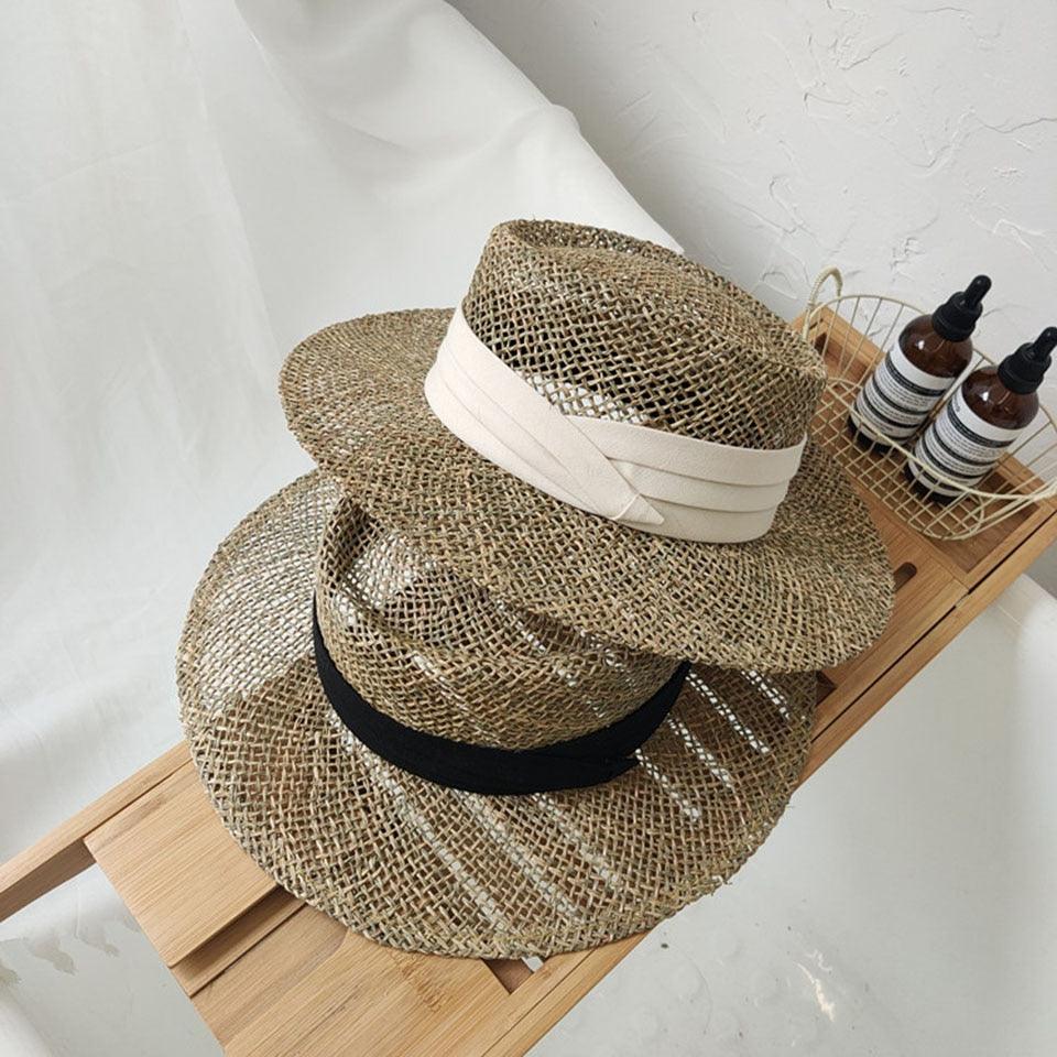 Handmade Straw Beach Hat - Luxury Sun Protection Flat Summer Cap