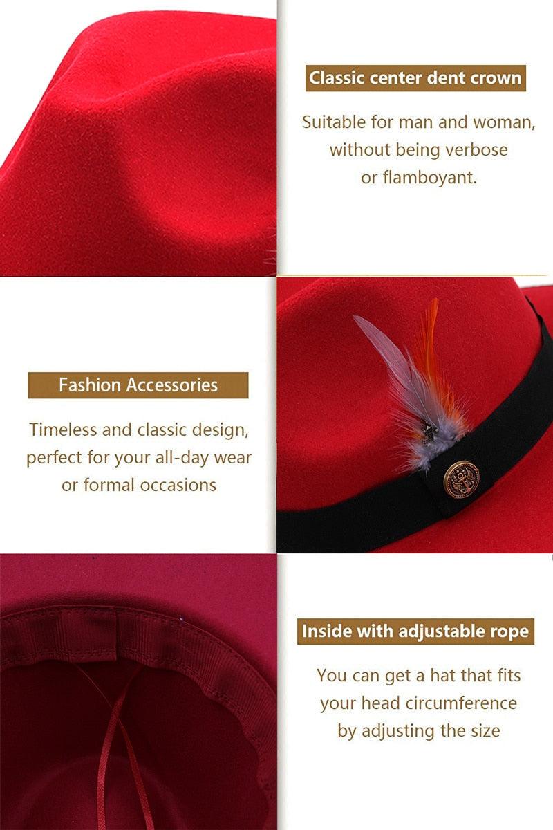 Luxury Wide Brim Fedora with Feather Belt Detail