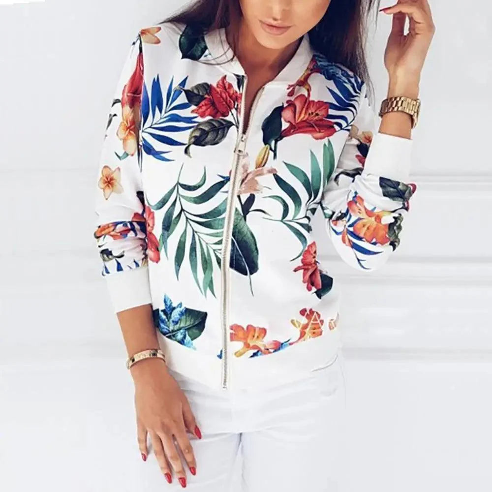 Women's Floral Bomber Jacket Long Sleeve Zip-Up Casual Lightweight